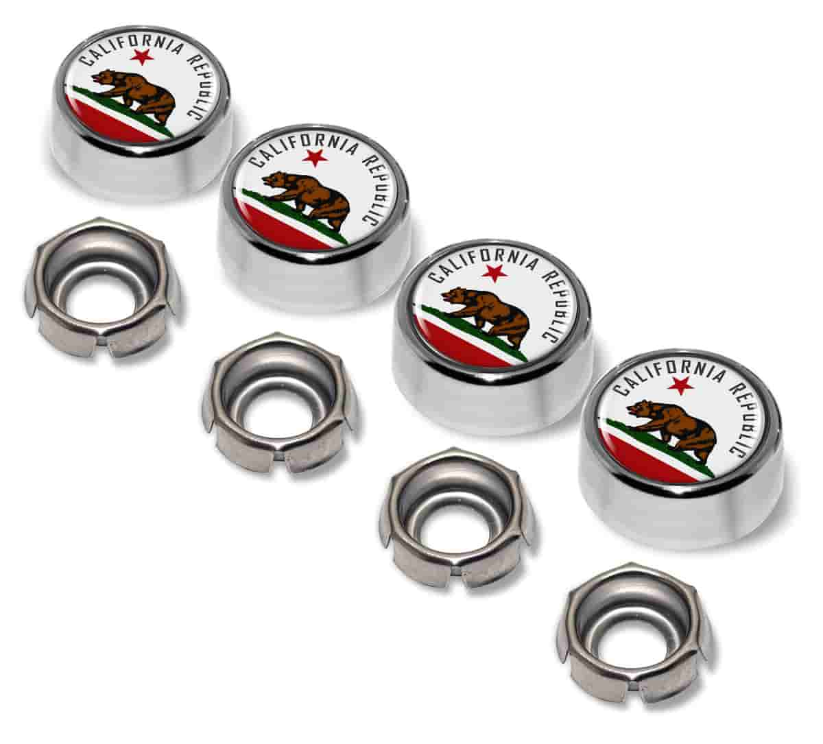California Republic (Bear Flag) License Plate Screw Caps - Chrome Metal Set of 4